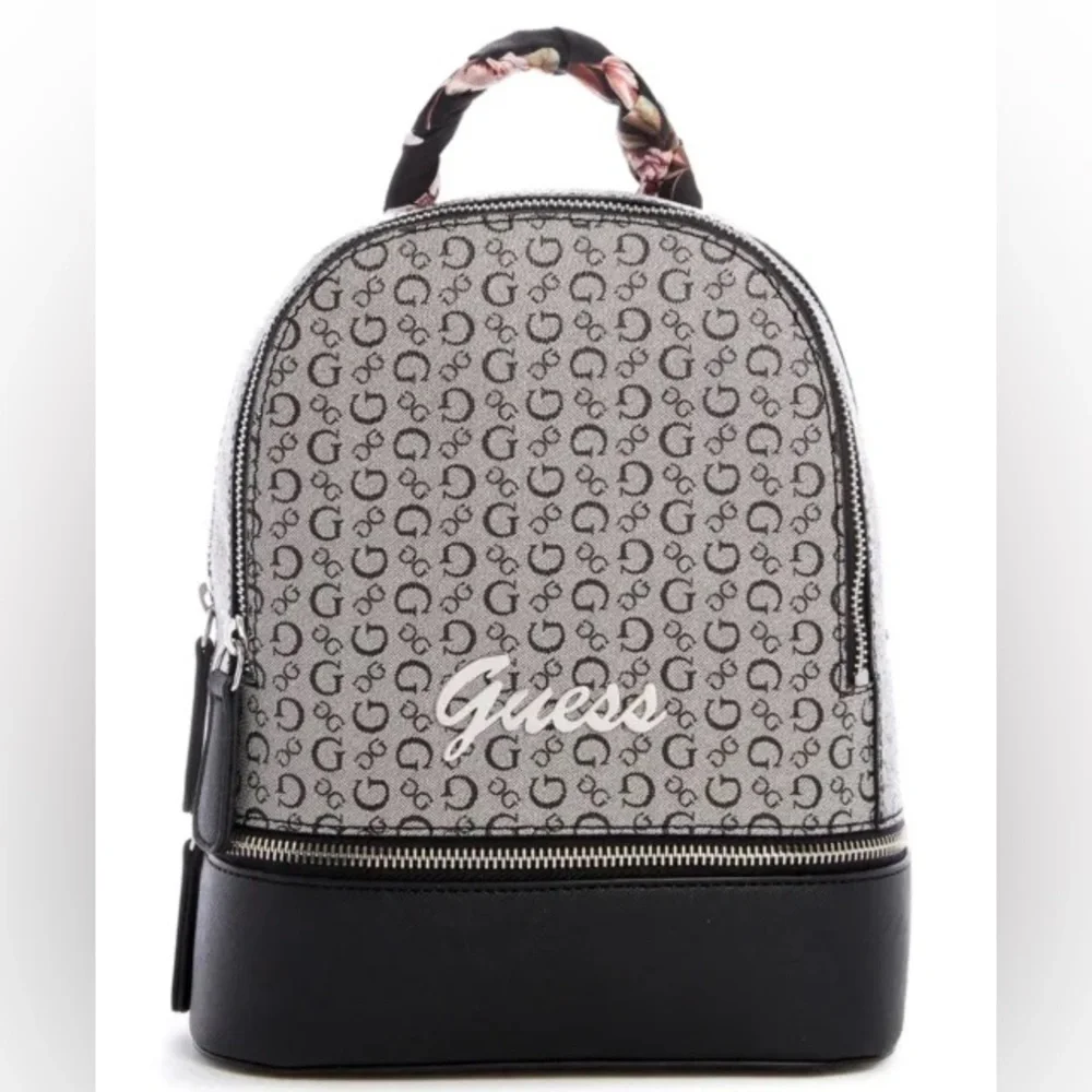 New GUESS Black Gray Logo Print Double Zipper Small Backpack/Handbag